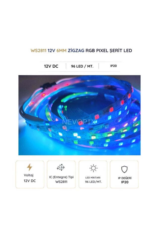 12V 6mm WS2811 96 LED IP20 RGB Pixel Zigzag Şerit LED 5 Metre