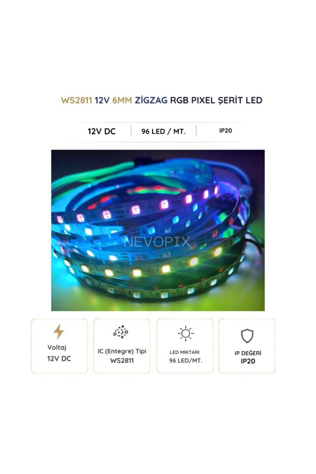12V 6mm WS2811 96 LED IP20 RGB Pixel Zigzag Şerit LED 5 Metre