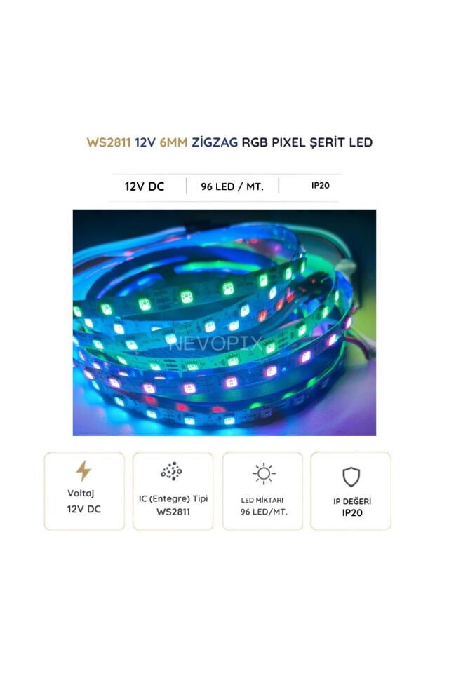 12V 6mm WS2811 96 LED IP20 RGB Pixel Zigzag Şerit LED 5 Metre