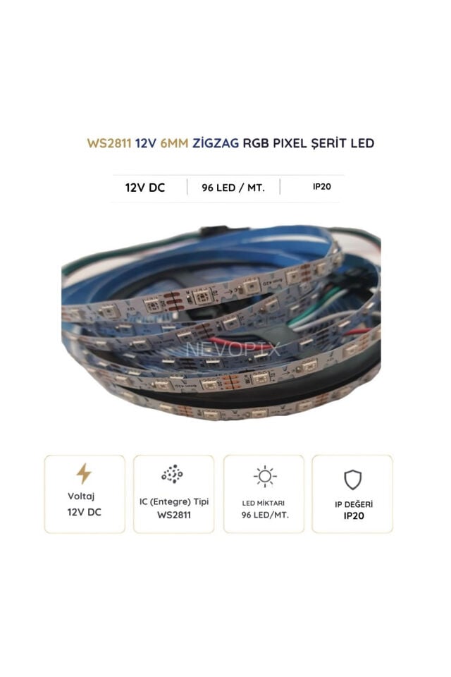 12V 6mm WS2811 96 LED IP20 RGB Pixel Zigzag Şerit LED 5 Metre