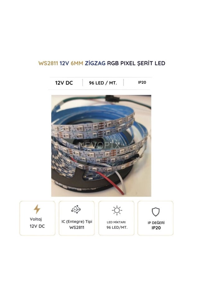 12V 6mm WS2811 96 LED IP20 RGB Pixel Zigzag Şerit LED 5 Metre