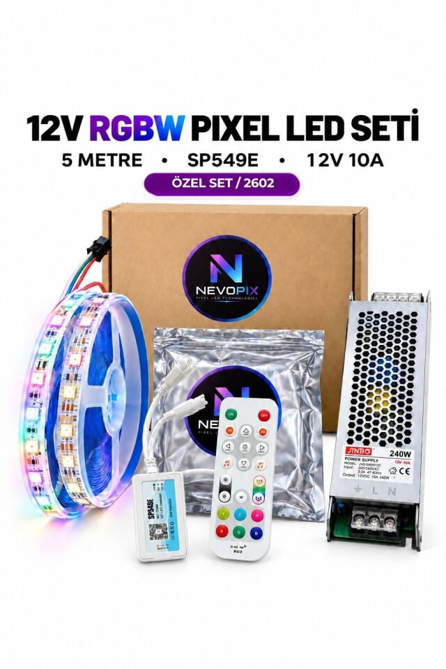 12V SK6812B RGBW Pixel LED Seti 5 Metre – SP549E RF Kumandalı Kontrol ve 12V 10A Trafo