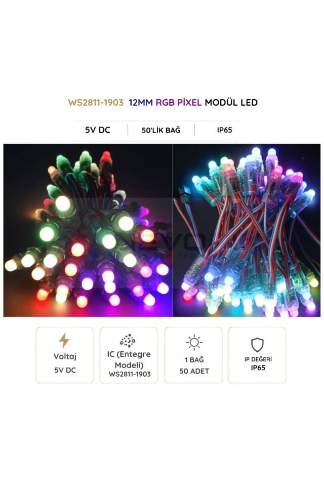 5V WS2811 IP65 12mm RGB Pixel Modül LED 50'lik Bağ