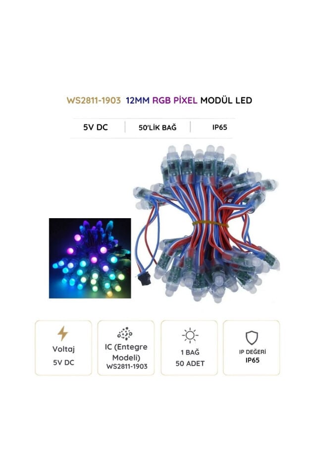 5V WS2811 IP65 12mm RGB Pixel Modül LED 50'lik Bağ