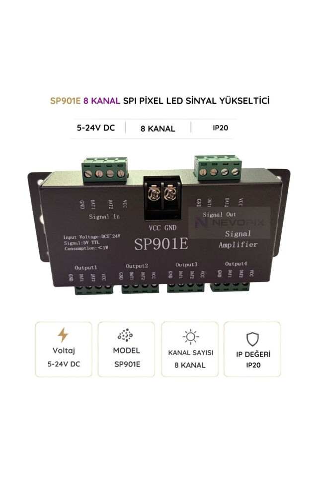 SP901E 8 Kanal Pixel LED Sinyal Yükseltici 5–24V
