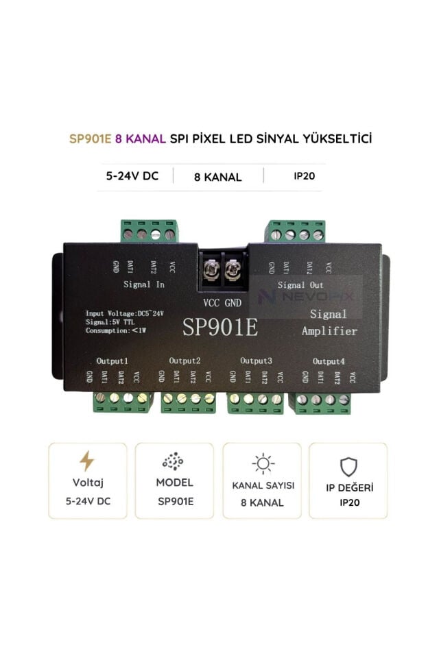 SP901E 8 Kanal Pixel LED Sinyal Yükseltici 5–24V