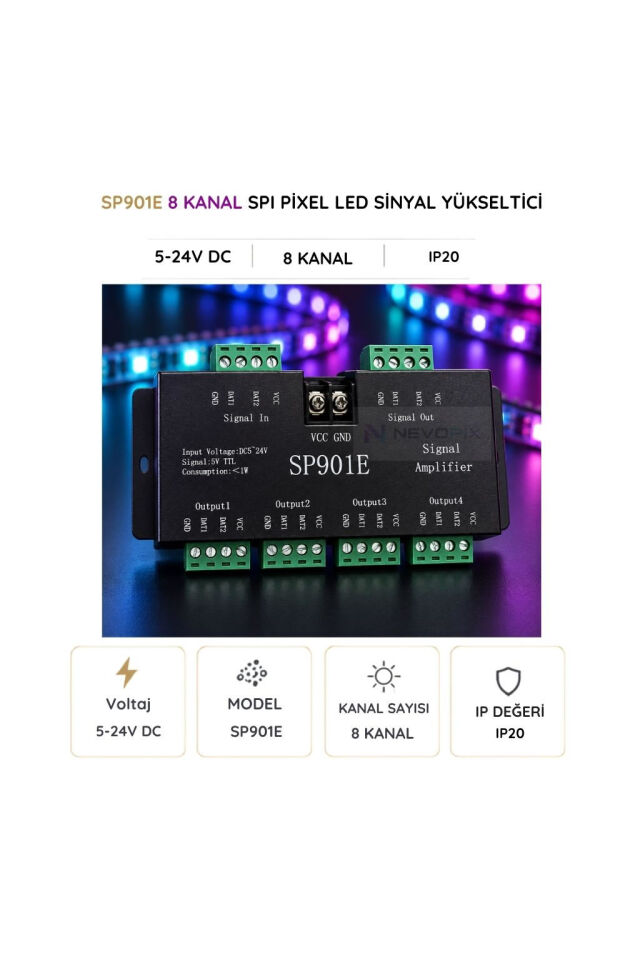 SP901E 8 Kanal Pixel LED Sinyal Yükseltici 5–24V