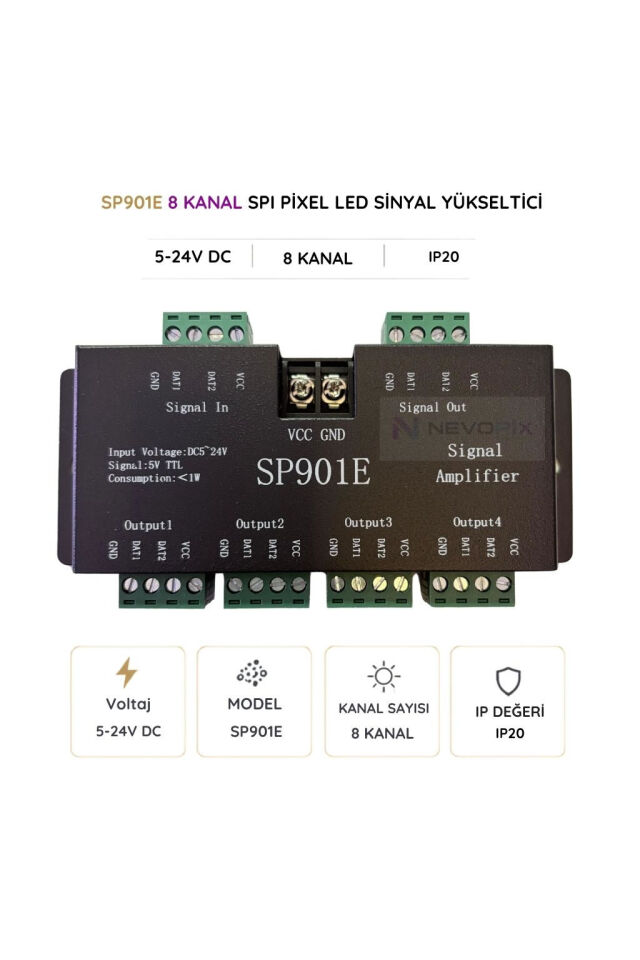 SP901E 8 Kanal Pixel LED Sinyal Yükseltici 5–24V
