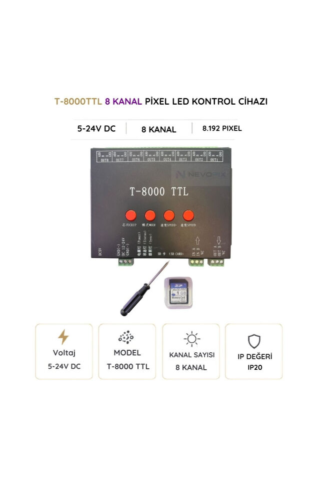 T-8000 TTL 8 Kanal 8192 Pixel SD Kartlı LED Kontrol Cihazı