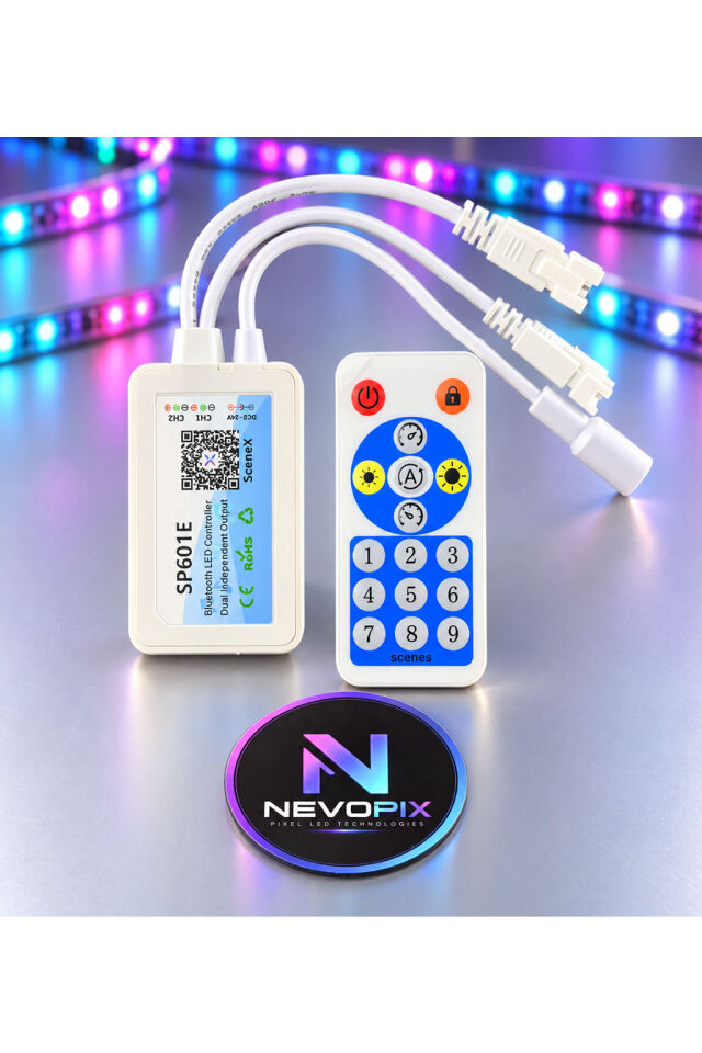 SP601E Bluetooth Pixel LED Kontrol Cihazı 5–24V – 2 Kanal, RF Kumandalı