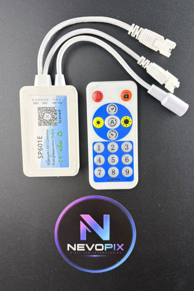SP601E Bluetooth Pixel LED Kontrol Cihazı 5–24V – 2 Kanal, RF Kumandalı