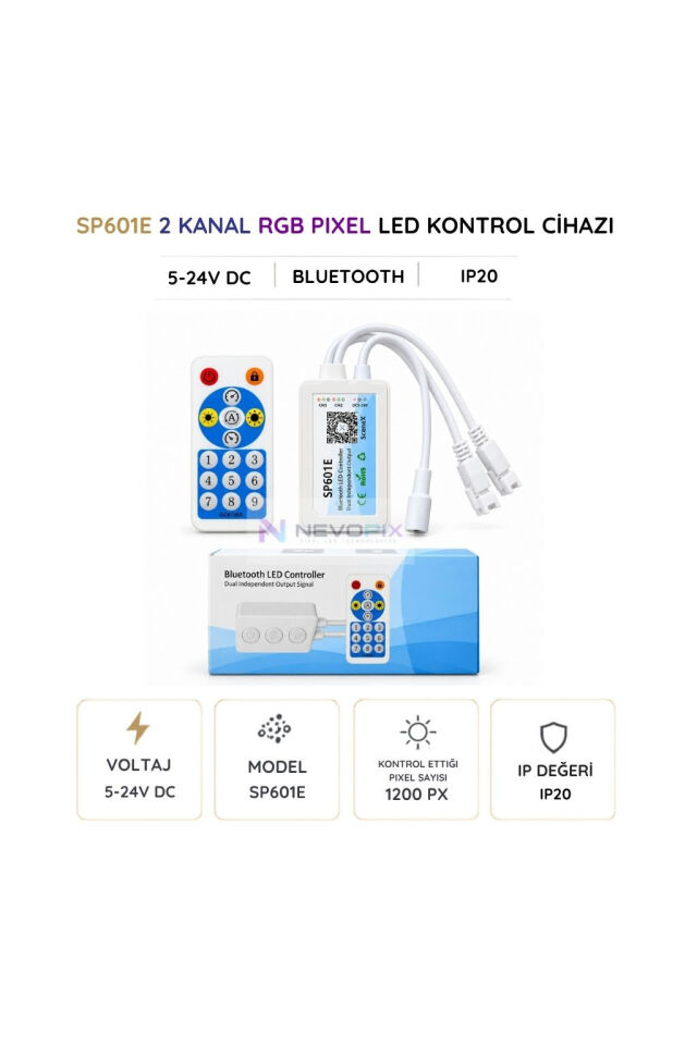 SP601E Bluetooth Pixel LED Kontrol Cihazı 5–24V – 2 Kanal, RF Kumandalı