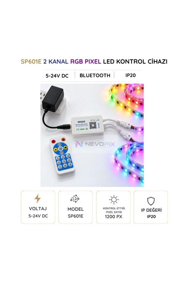 SP601E Bluetooth Pixel LED Kontrol Cihazı 5–24V – 2 Kanal, RF Kumandalı
