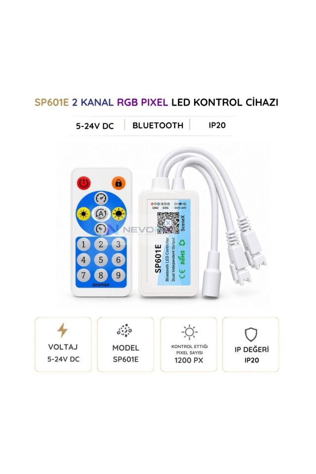 SP601E Bluetooth Pixel LED Kontrol Cihazı 5–24V – 2 Kanal, RF Kumandalı