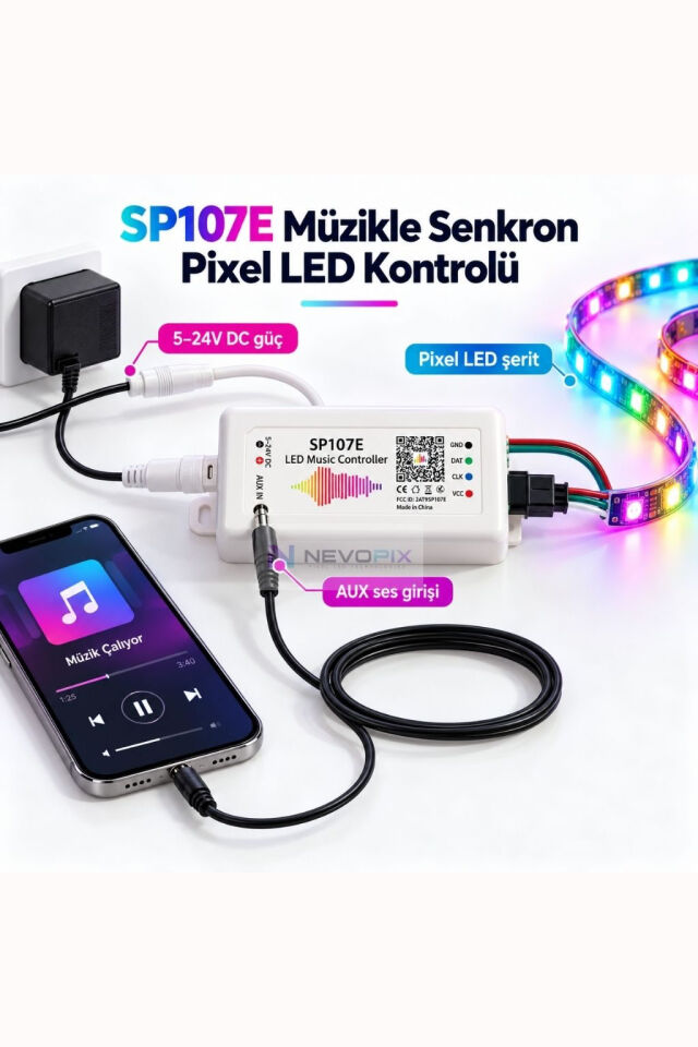 SP107E Bluetooth Müzik Kontrollü Pixel LED Kontrol Cihazı | 5–24V, 960 Pixel