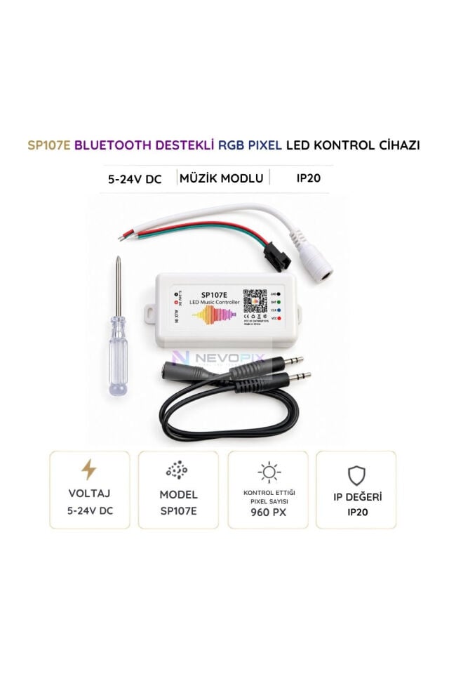 SP107E Bluetooth Müzik Kontrollü Pixel LED Kontrol Cihazı | 5–24V, 960 Pixel