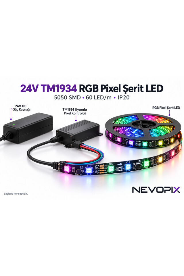 24V TM1934 RGB Pixel Şerit LED – 5050 SMD, 60 LED/m, IP20 10 Metre