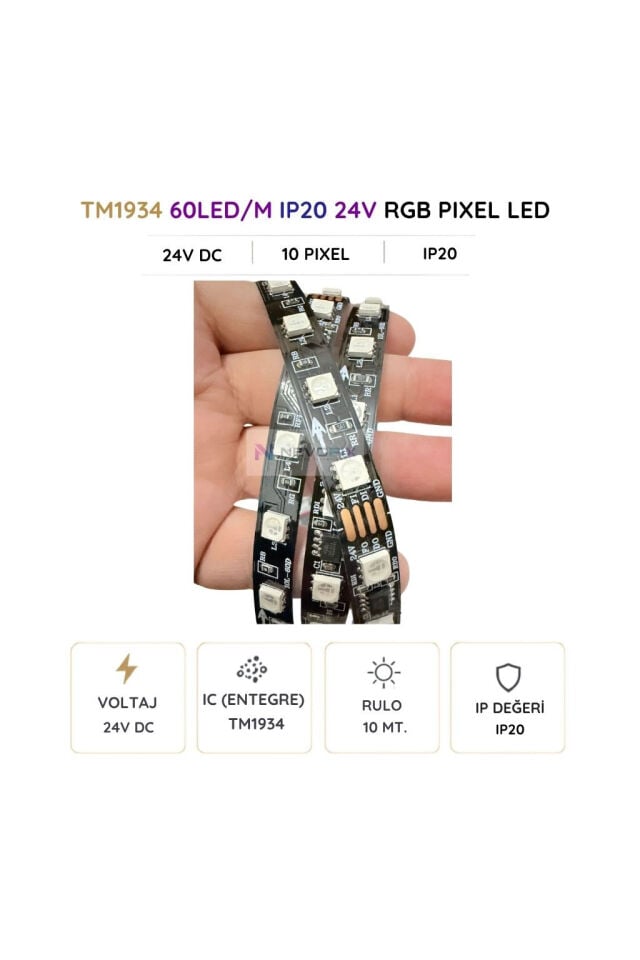 24V TM1934 RGB Pixel Şerit LED – 5050 SMD, 60 LED/m, IP20 10 Metre