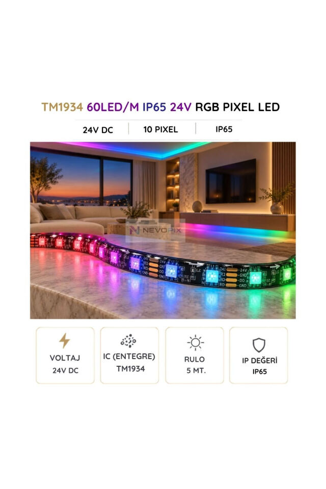 24V TM1934 RGB Pixel Şerit LED – 5050 SMD, 60 LED/m, IP65 5 Metre