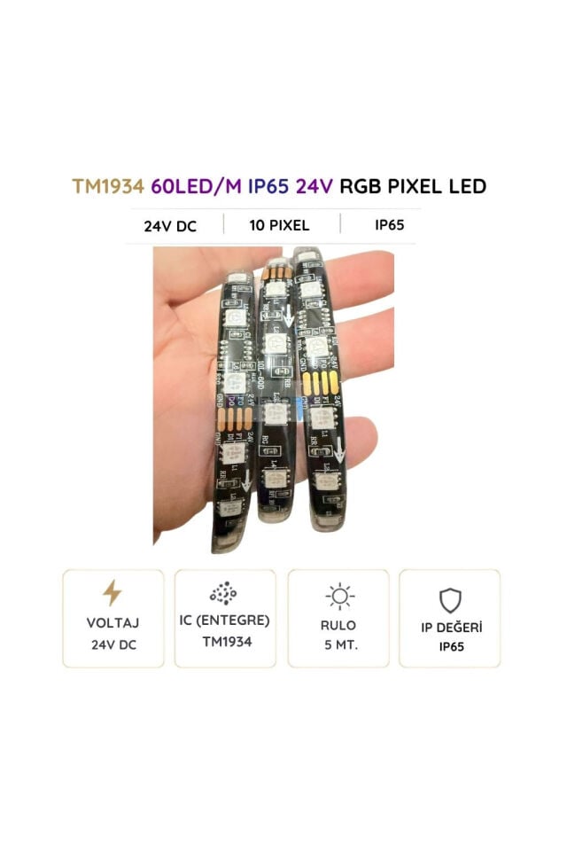24V TM1934 RGB Pixel Şerit LED – 5050 SMD, 60 LED/m, IP65 5 Metre