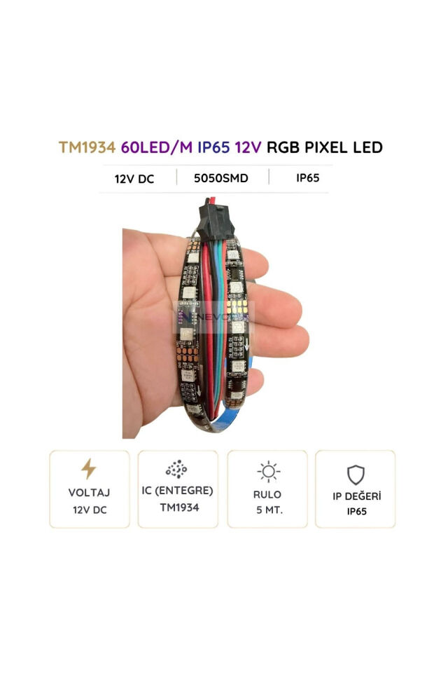 12V TM1934 RGB Pixel Şerit LED – 60 LED/m, 5050 SMD, IP65 5 Metre