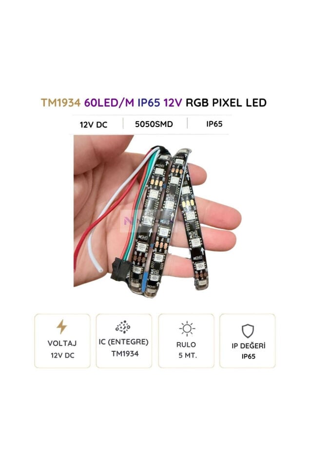 12V TM1934 RGB Pixel Şerit LED – 60 LED/m, 5050 SMD, IP65 5 Metre