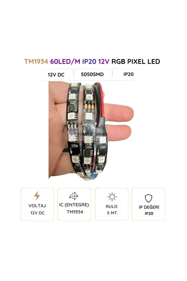 12V TM1934 RGB Pixel Şerit LED – 60 LED/m, 5050 SMD, IP20 5 Metre