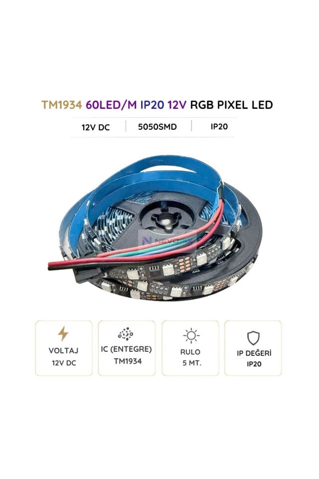 12V TM1934 RGB Pixel Şerit LED – 60 LED/m, 5050 SMD, IP20 5 Metre