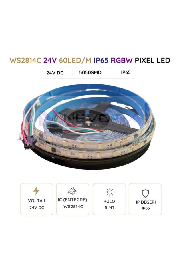 24V WS2814C RGBW Pixel Şerit LED – 60 LED/m, 5050 SMD, IP65 5 Metre