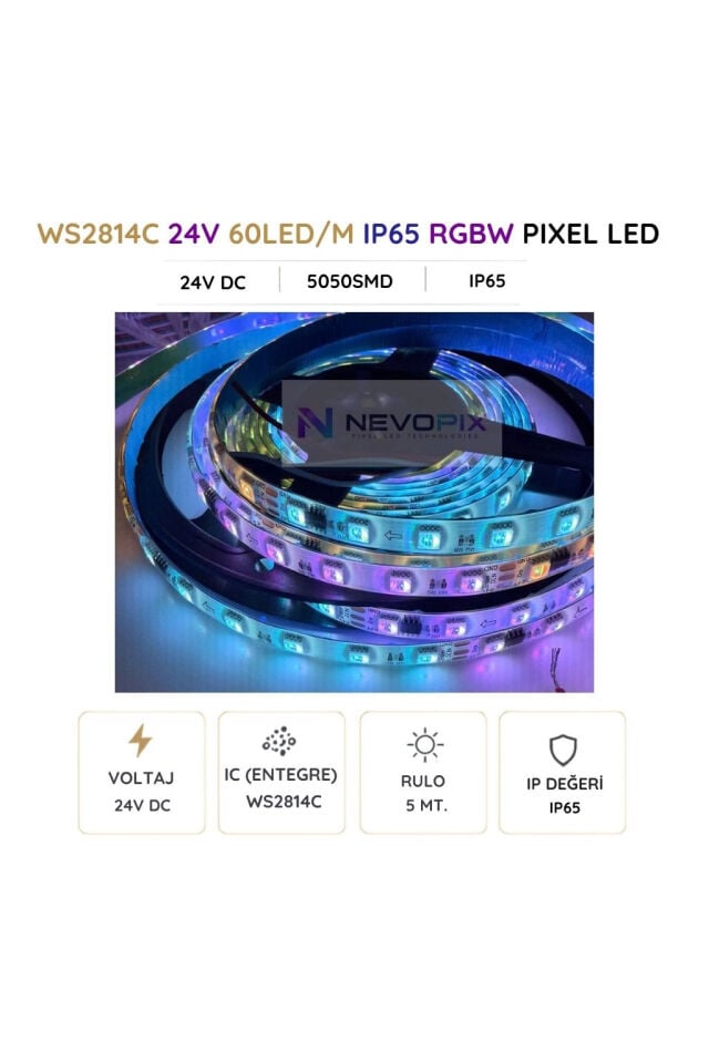24V WS2814C RGBW Pixel Şerit LED – 60 LED/m, 5050 SMD, IP65 5 Metre