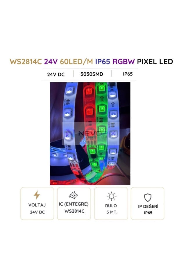 24V WS2814C RGBW Pixel Şerit LED – 60 LED/m, 5050 SMD, IP65 5 Metre