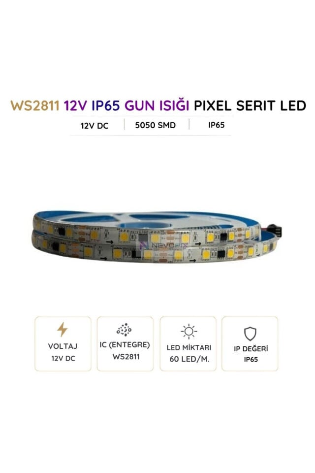 12V WS2811 Gün Işığı Pixel Şerit LED – 5050 SMD, IP65 5 Metre
