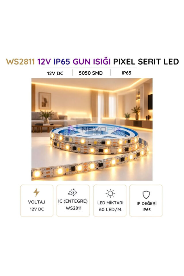 12V WS2811 Gün Işığı Pixel Şerit LED – 5050 SMD, IP65 5 Metre