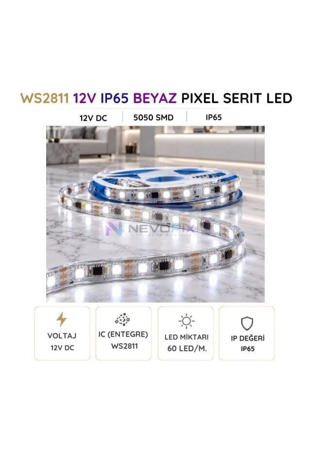 12V WS2811 Beyaz Pixel Şerit LED – 5050 SMD, IP65 5 Metre