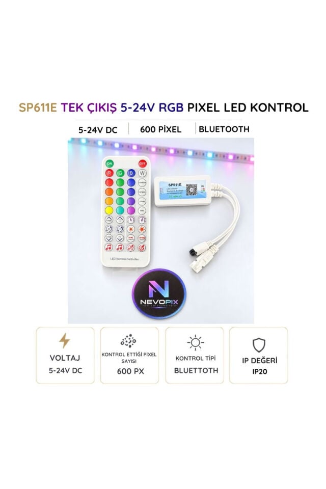 SP611E 5–24V 600 Pixel RGB Pixel LED Kontrol Cihazı Tek Çıkış – Bluetooth, Müzik Senkronizasyonlu ve IR Kumandalı