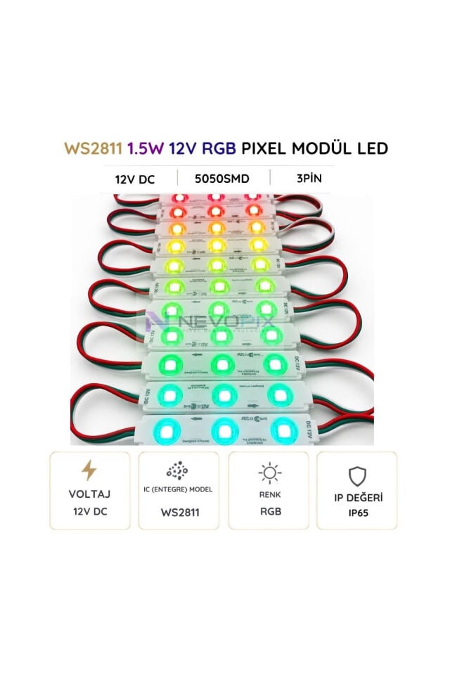 12V WS2811 RGB Pixel Modül LED – 1,5W, IP65, Adreslenebilir - 20 Adet