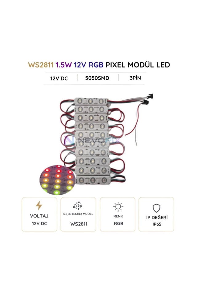 12V WS2811 RGB Pixel Modül LED – 1,5W, IP65, Adreslenebilir - 20 Adet