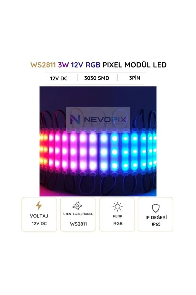 12V 3W WS2811 RGB Pixel Modül LED – IP65, Adreslenebilir - 20 Adet