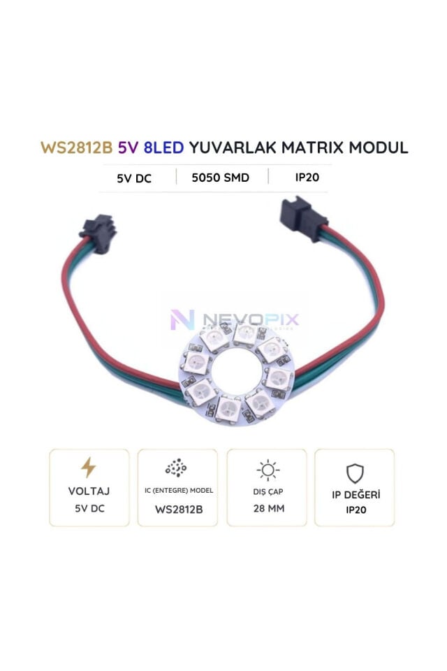 5V WS2812B 8 LED’li RGB Adreslenebilir Pixel LED Halka