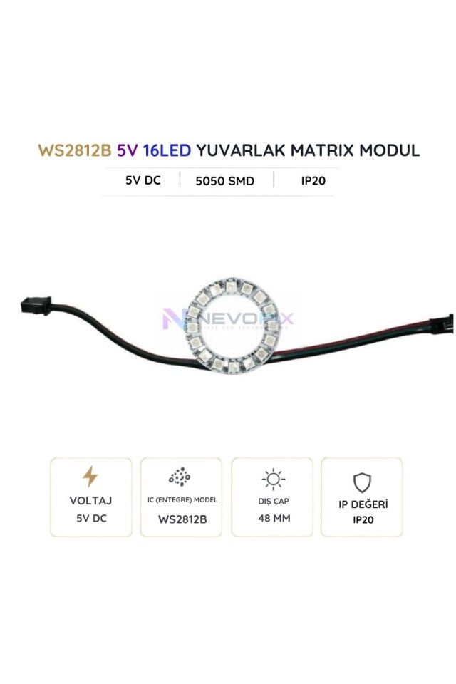 5V WS2812B 16 LED’li RGB Adreslenebilir Pixel LED Halka