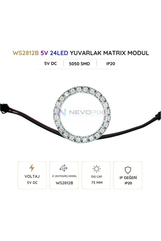 5V WS2812B 24 LED’li RGB Adreslenebilir Pixel LED Halka