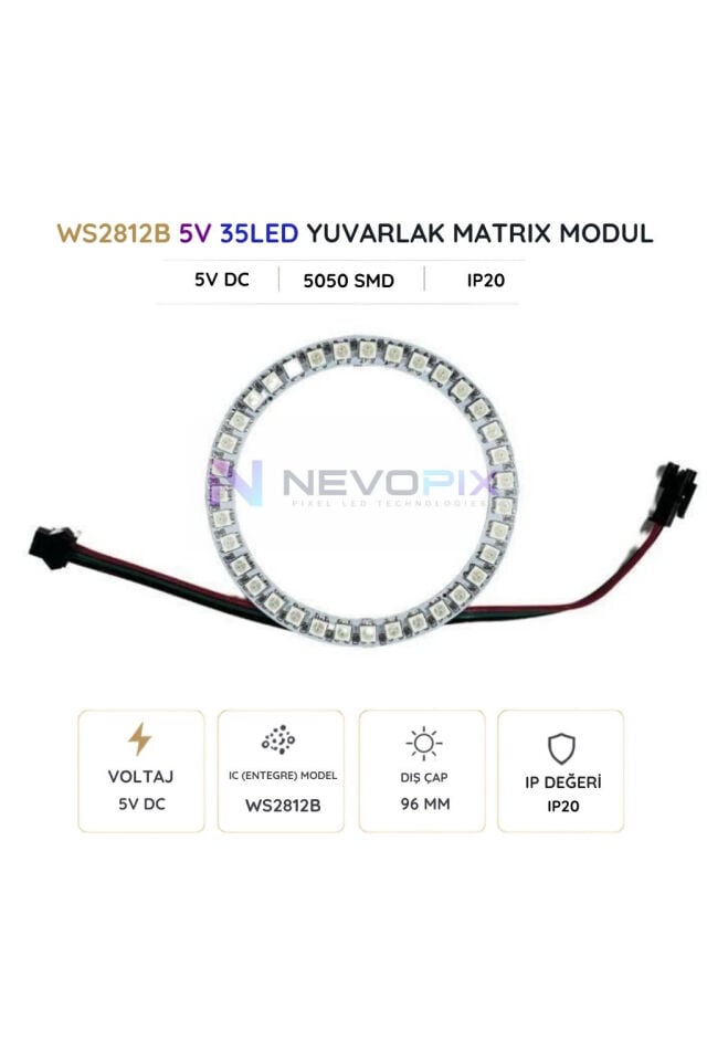 5V WS2812B 35 LED’li RGB Adreslenebilir Pixel LED Halka