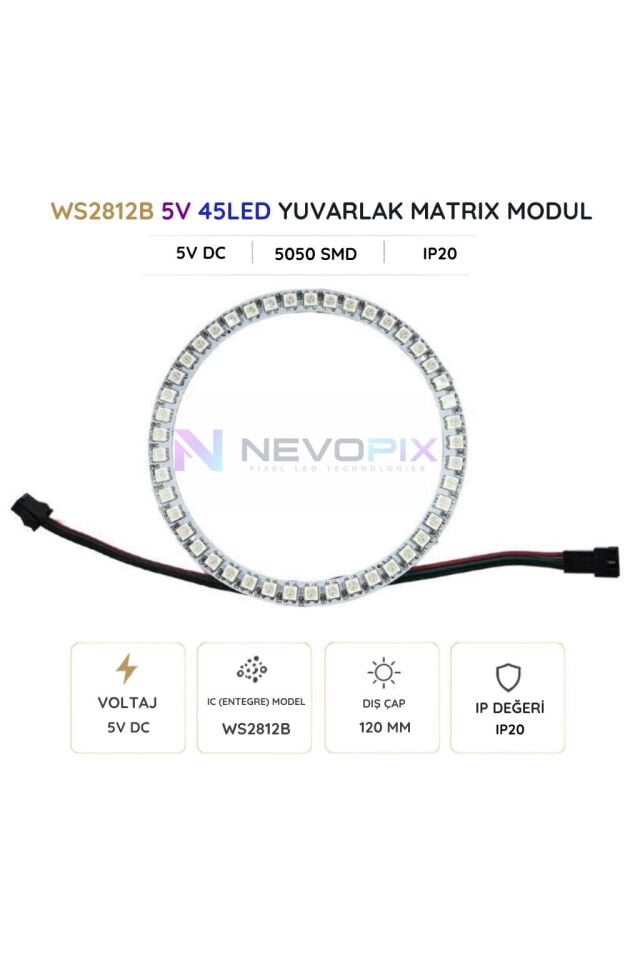 5V WS2812B 45 LED’li RGB Adreslenebilir Pixel LED Halka