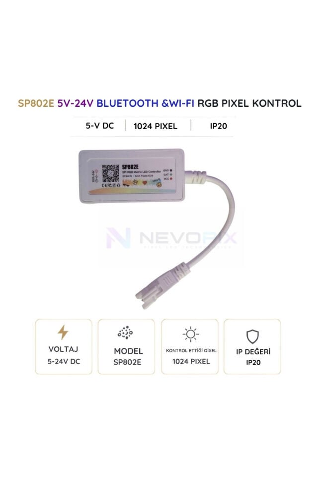 SP802E Wi-Fi ve Bluetooth RGB Pixel Matrix LED Kontrol Cihazı – 1024 Piksel, 5–24V DC
