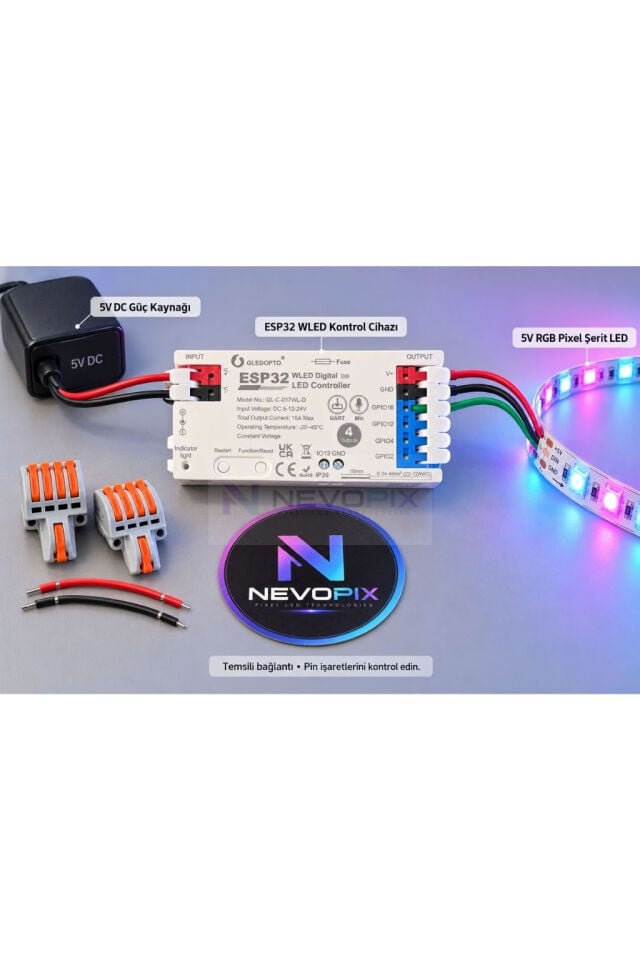 ESP32 WLED 4 Çıkışlı Wi-Fi Pixel LED Kontrol Cihazı – Mikrofonlu, 5-24V, 15A