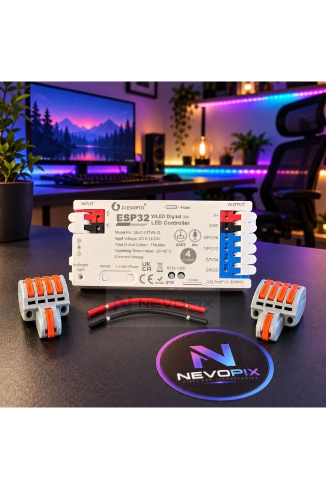 ESP32 WLED 4 Çıkışlı Wi-Fi Pixel LED Kontrol Cihazı – Mikrofonlu, 5-24V, 15A