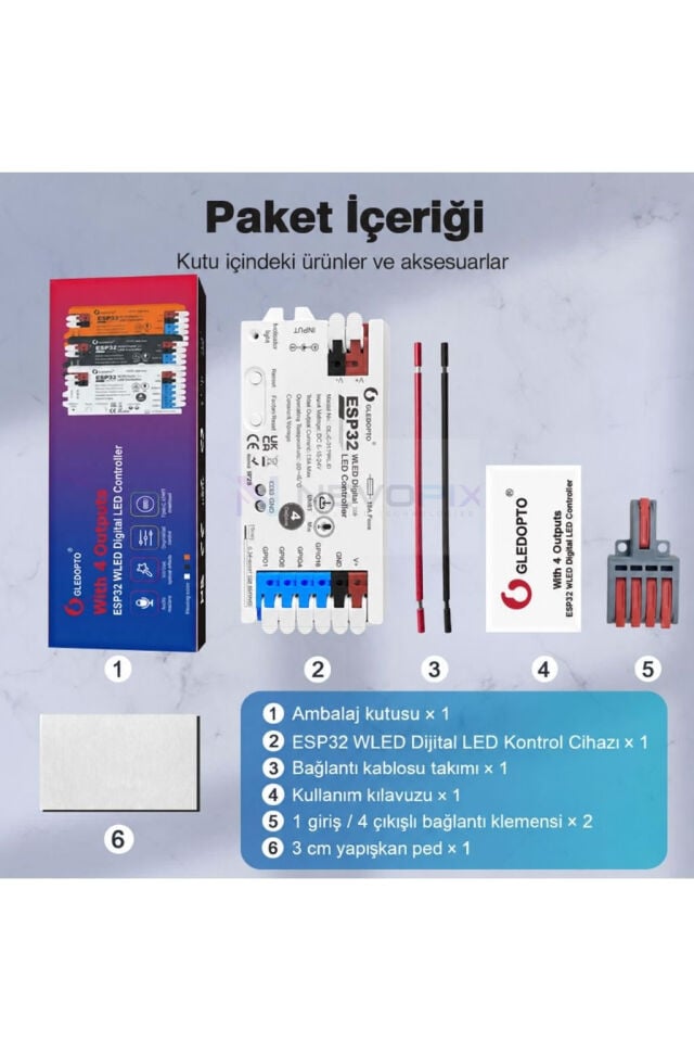 ESP32 WLED 4 Çıkışlı Wi-Fi Pixel LED Kontrol Cihazı – Mikrofonlu, 5-24V, 15A