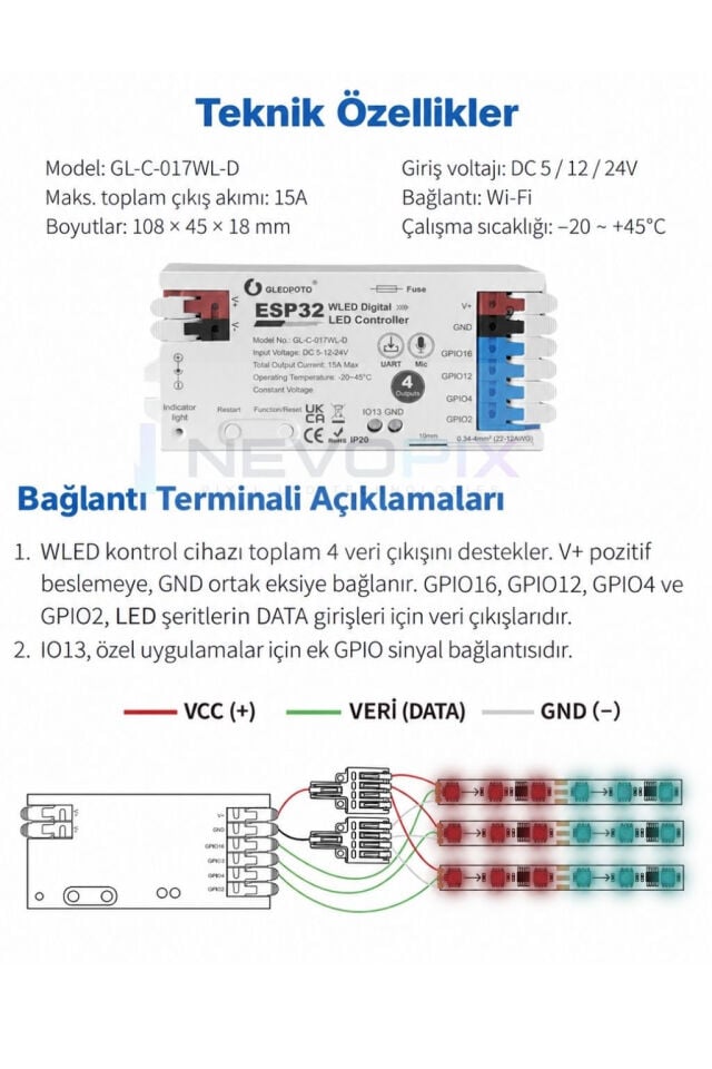 ESP32 WLED 4 Çıkışlı Wi-Fi Pixel LED Kontrol Cihazı – Mikrofonlu, 5-24V, 15A