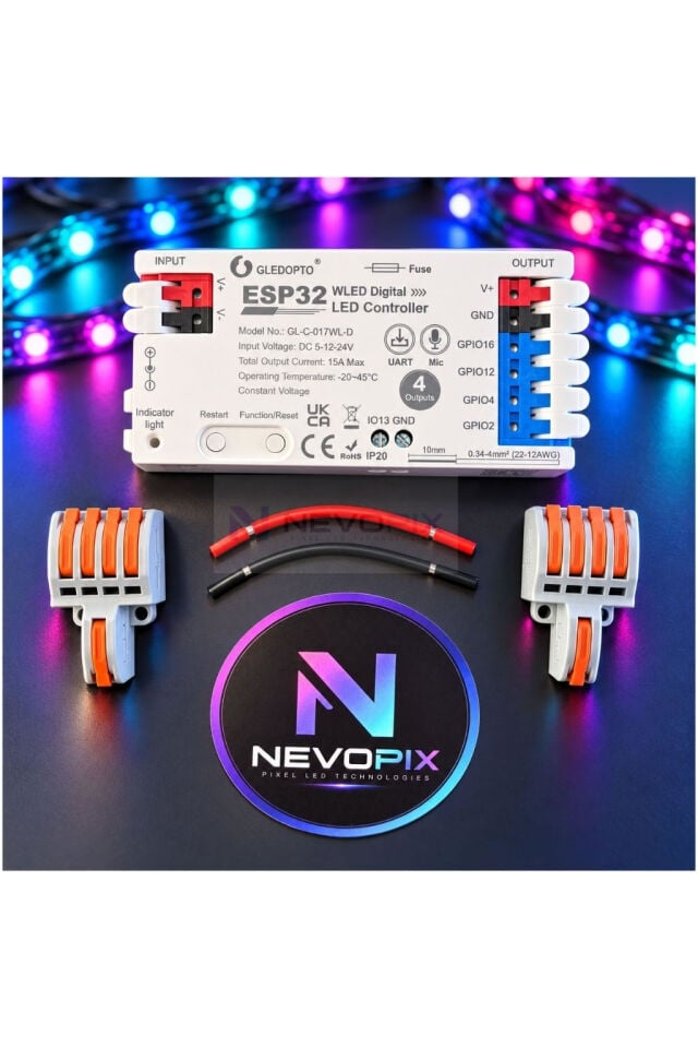 ESP32 WLED 4 Çıkışlı Wi-Fi Pixel LED Kontrol Cihazı – Mikrofonlu, 5-24V, 15A