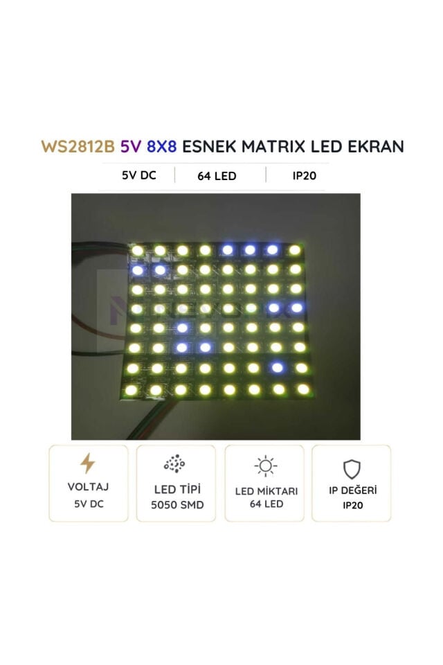 WS2812B 8x8 Esnek RGB Matrix LED Panel – 5V 64 Piksel